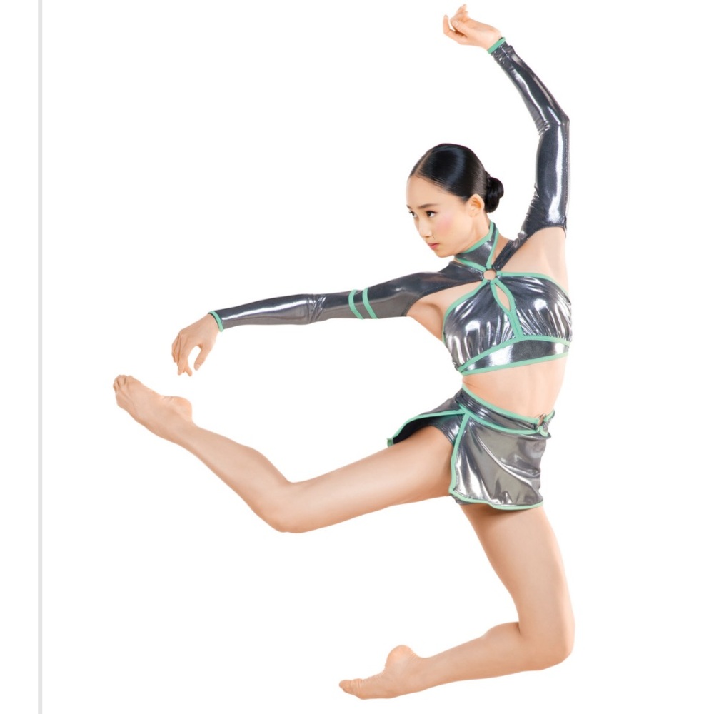 Metallic Two-Piece Dance Costume with mint green Accents